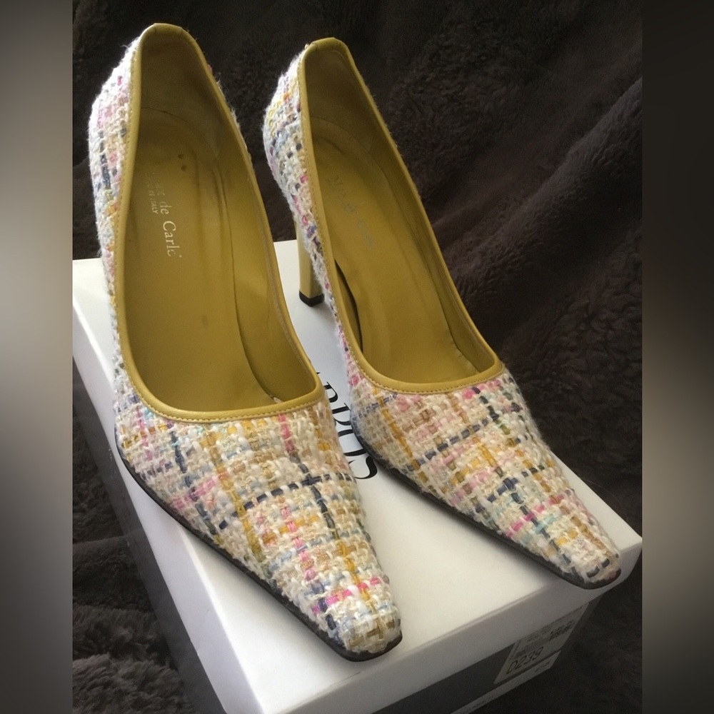 Max de Carlo Tweed Snip Point Toe Heels Pumps Yellow Pink Blue Size 8.5